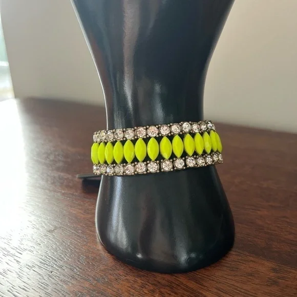 JCREW NWT rhinestone brass neon yellow stretch bracelet prom - Picture 7 of 14